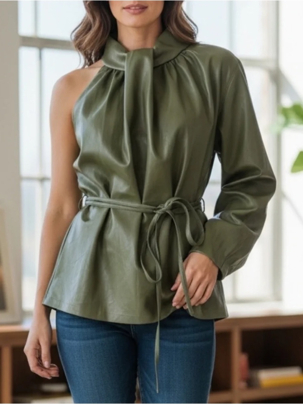 Eloquii Olive One-Shoulder Tie-Waist Top